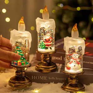 Christmas Snow Globe Candle Battery Operated Lighted Flameless Candles Light Swirling Water Glittering Spinning Candles for Home Decoration