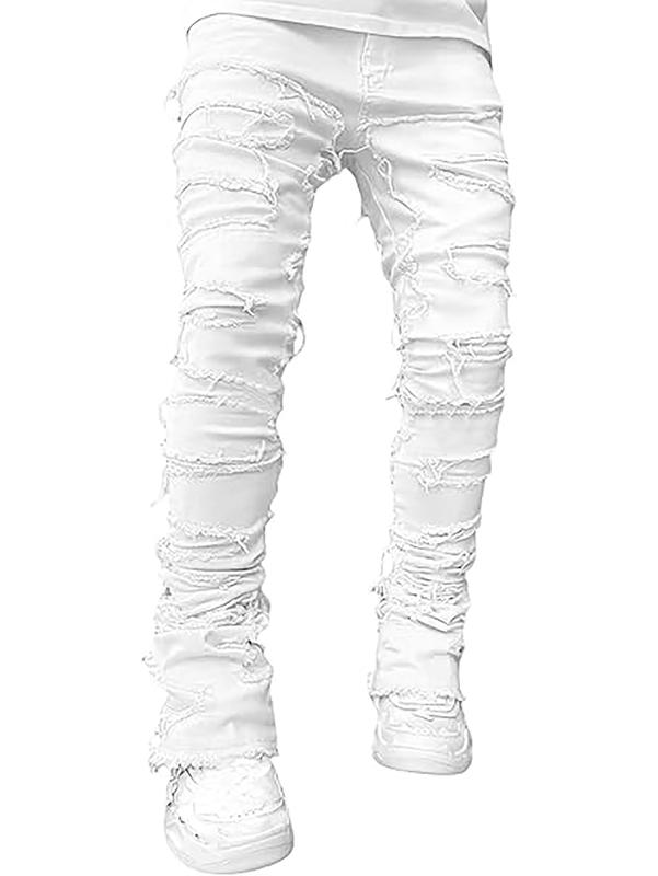 Men's denim pants with patchwork creative straight tube stretch street style denim pants, with pockets,Men's Casual Ripped Skinny Jeans with Frayed Detailing - Stretch Denim Cotton Blend, Slim Fit All-Season Trousers with Solid Color Washed Design