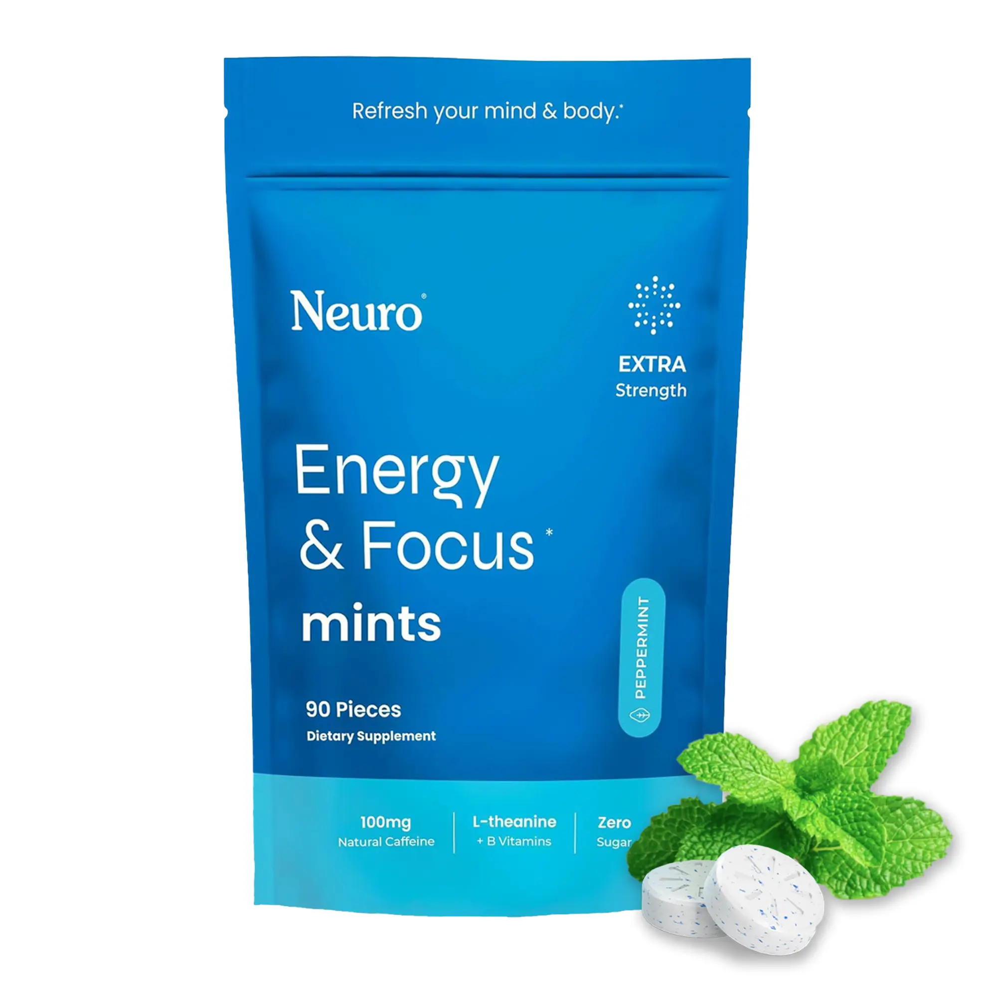 Neuro Extra Strength Energy Caffeine Mints (90 Pieces) - Sugar-Free Nootropic Gum for Energy & Focus with L-theanine, Caffeine, Vitamin B12 & Vitamin