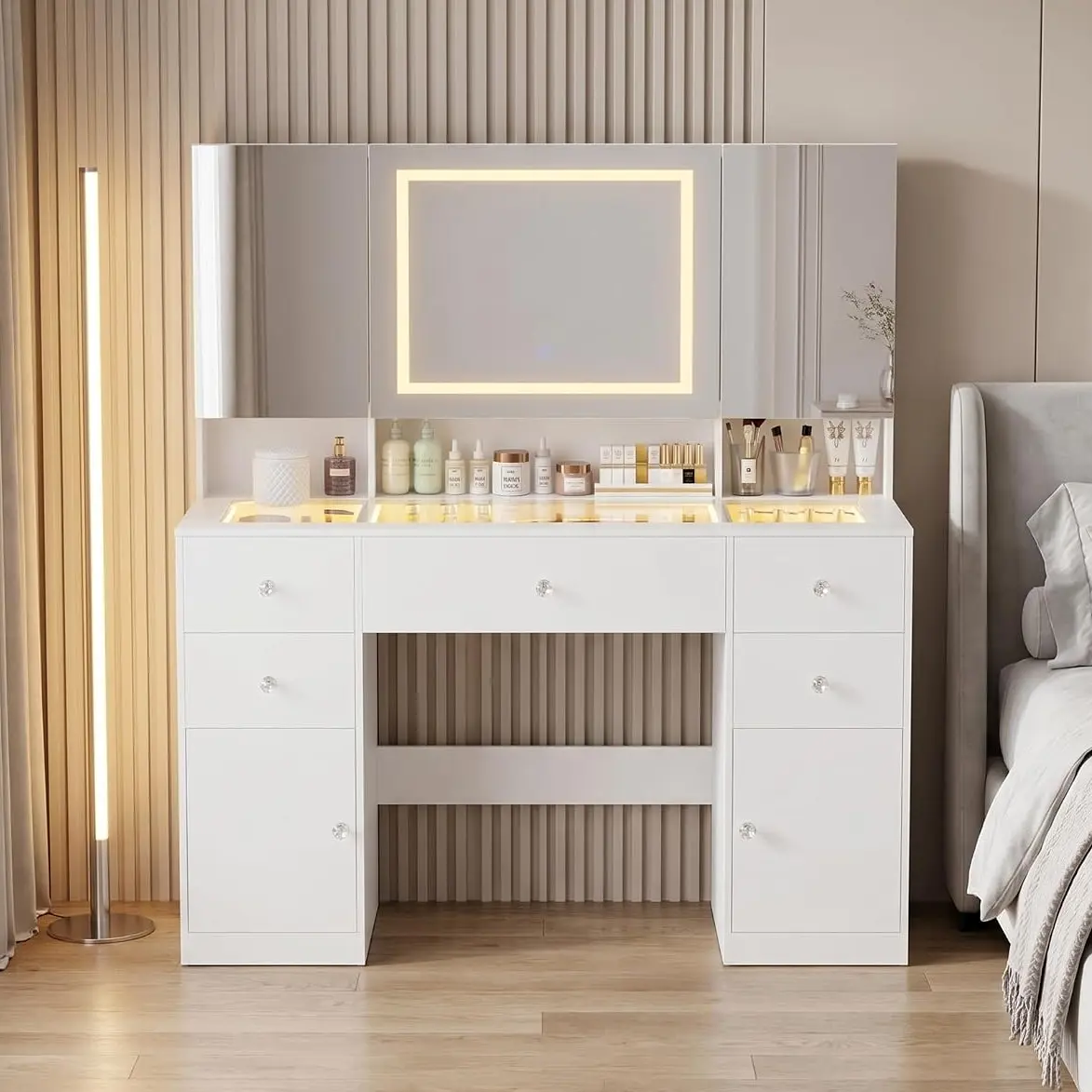 Furmax 47" Vanity Desk with LED Lighted Mirror, Makeup Vanity Table with Hidden Storage Behind Mirror, Space-Saving Dressing Table with Glass Top, 5 Drawers & 2 Cabinets, 3 Color Lighting Modes, Built-in Power Outlet & Hair Dryer Holder, White