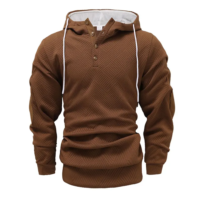 2026 New Men's High Street Brown Geometric Texture Henley-Style Breathable Hoodie, Loose Fit with Slimming Effect, for Daily Commute, Sports