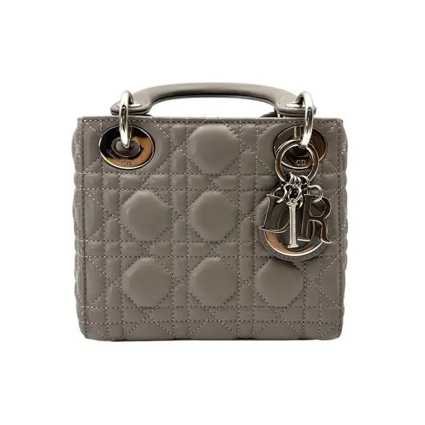 Pre-owned Dior Lambskin Shoulder Bags Christian Lady Grey Cannage Handle Bag With Silver Charms DR793