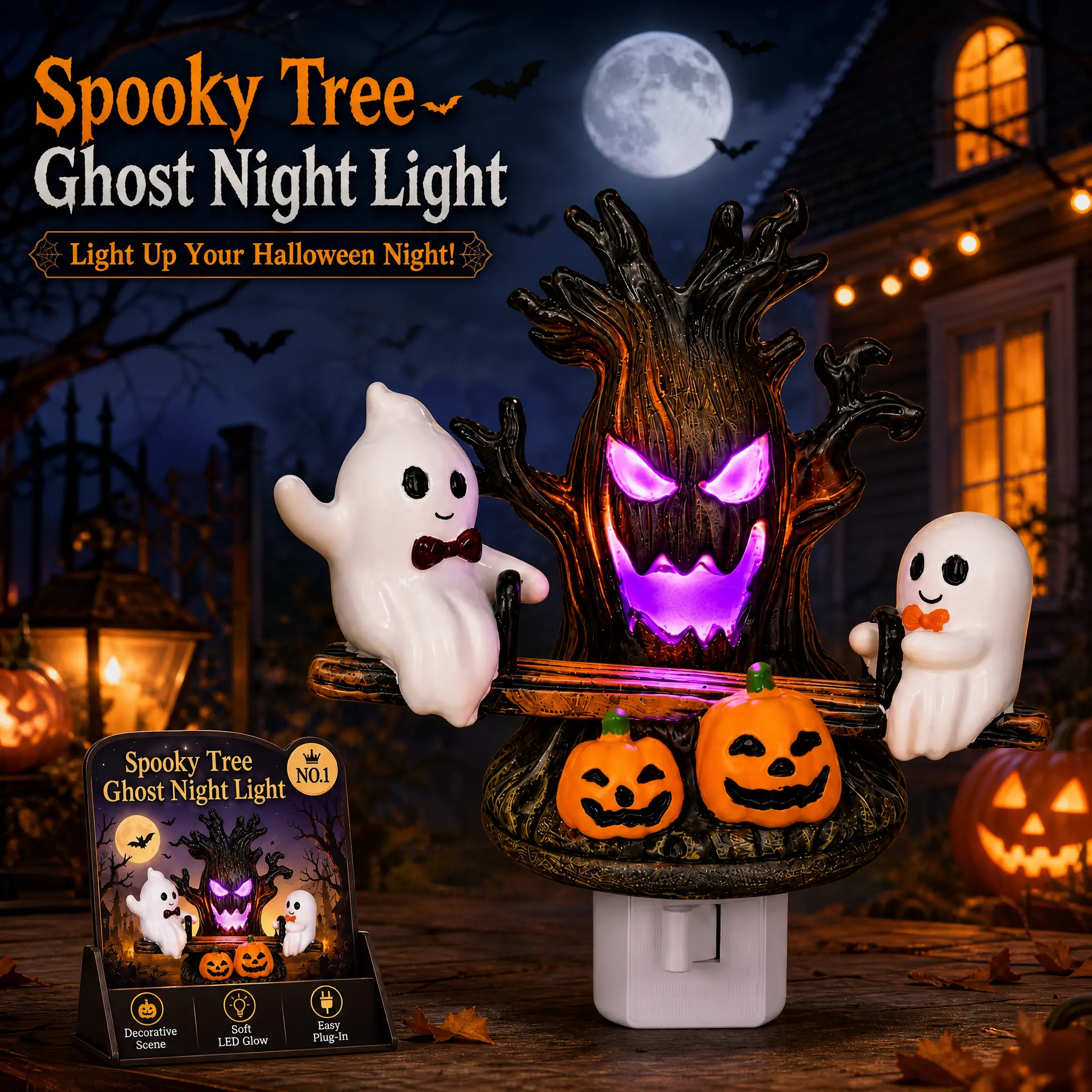 Spooky Tree Ghost Night Light Plug in LED Halloween Decorations 3D Lighted Vintage Campfire Fall Decor Gifts Indoor Bathroom Wall Cute Party Animatronics Spooky Gift Idea