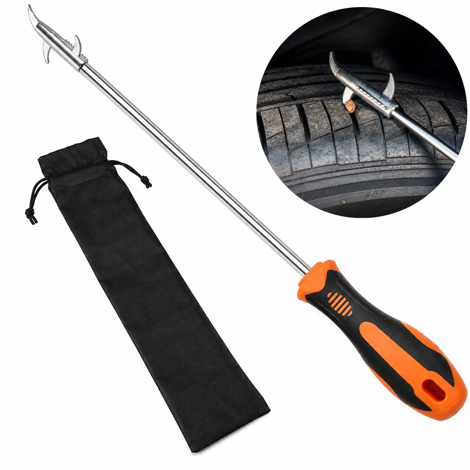 Tire Stone Remover Hook and Car Tire Groove Cleaning Tool, 304 Stainless Steel Wheel Tread Slot Stone Gravel Remover, Tire Maintenance Repair Tool for Cars, Trucks, Motorcycles, Rubber Handle