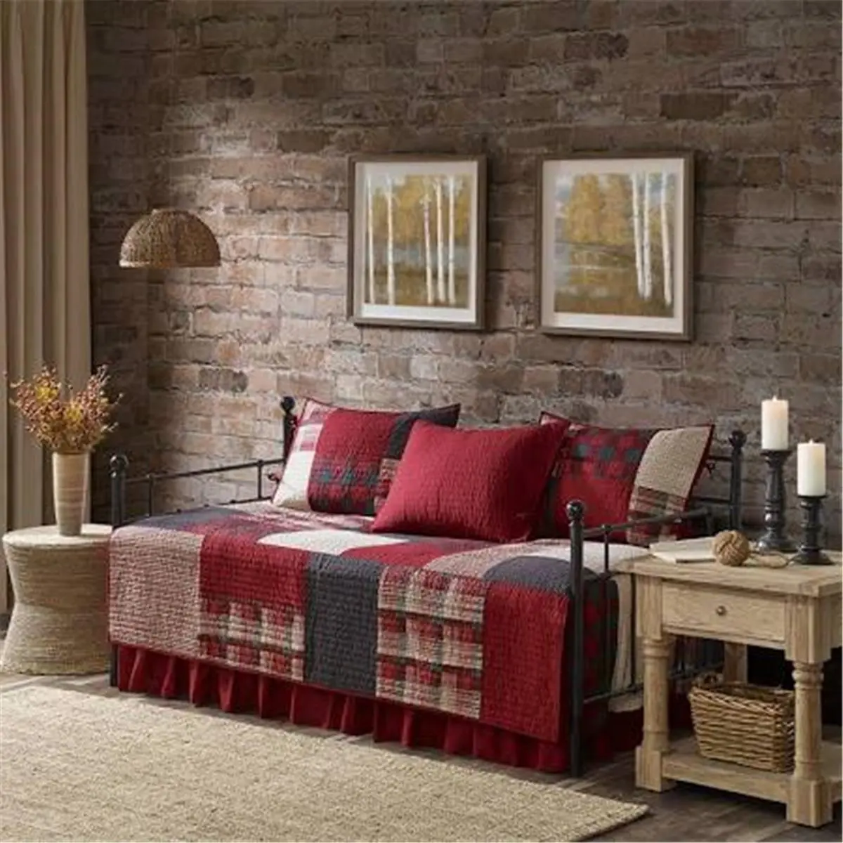 212 MAIN Indoor Day Bed Cover Set - 5-Piece Lightweight Quilted Plaid Red Soft Cotton All-Seasons Mix-and-Match Solid Design Cover Set, Five-Piece