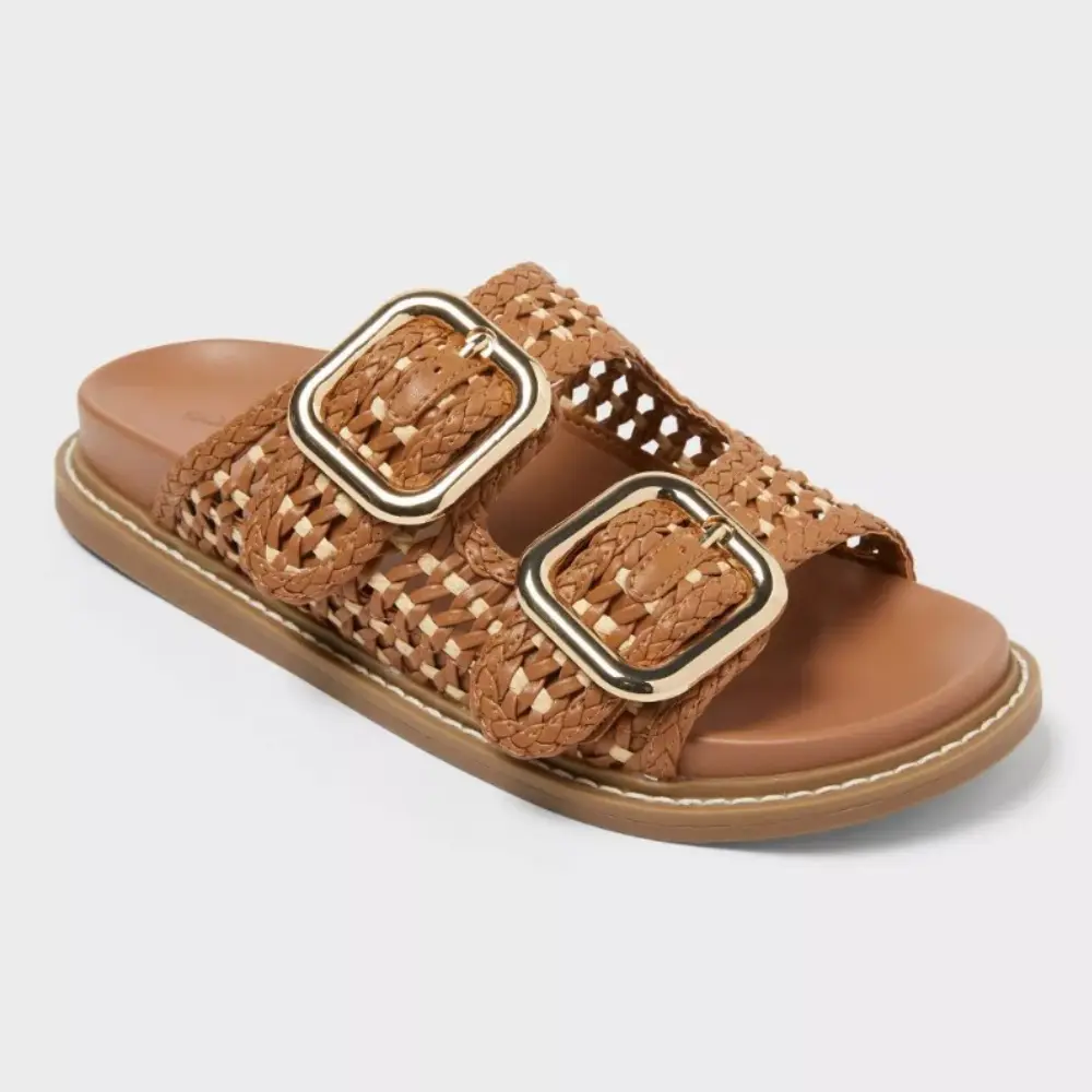 Women’s Collin Open-Toe Slip-On Sandals - Double-Strap Buckle, Memory Foam Insole, Lightweight Flat Casual Walking Shoes (Cognac, Size 7.5)