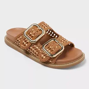 Women’s Collin Slip-On Sandals - Memory Foam Insole, Double Strap Buckle, Open Toe, Lightweight Walking Shoes, Comfortable Everyday Flat Casual Footwear (Cognac, Size 7.5)