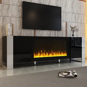 [SOIYELIFE] ON-TREND Modern TV Stand with 34.2" Non-heating Electric Fireplace, High Gloss Entertainment Center with 2 Cabinets, Media Console for TVs up to 78", Black,Unique furniture