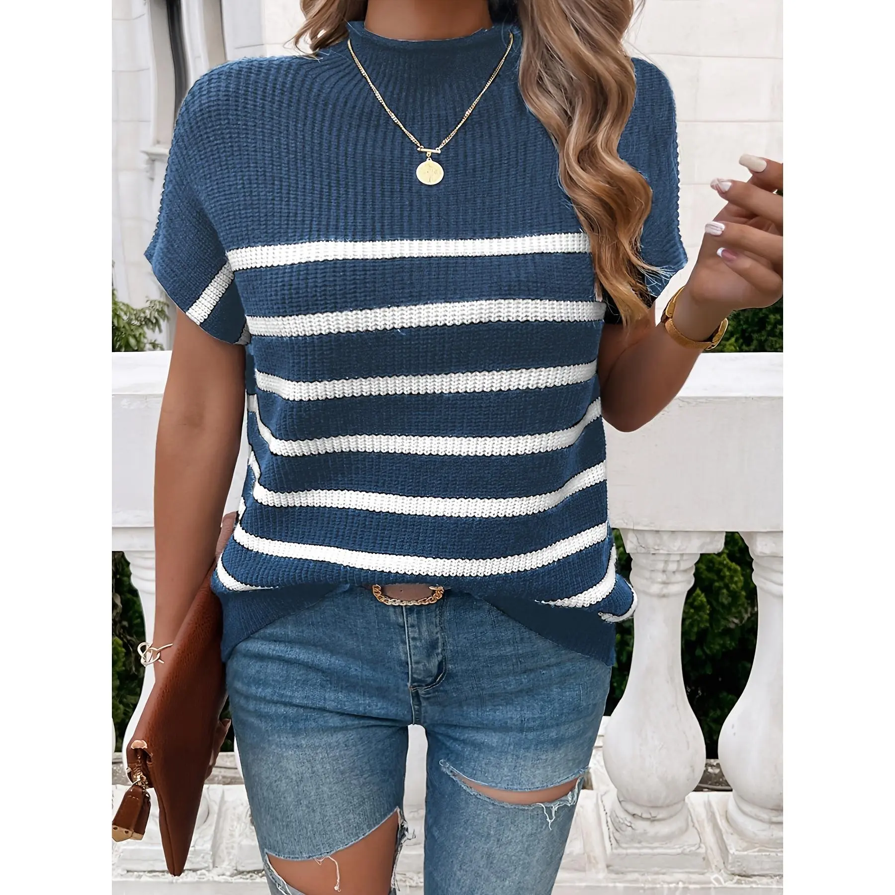 Women's Striped Knit Cap-Sleeve Pullover - Elegant Casual Crewneck Batwing-Sleeve Stretchable Top for Fall Winter, Focused on Elegance, Chic, Knitwear, Crew Neck, Stripe Print, Viscose Blend campingessentials, Half Neck Style, Fitted Cut