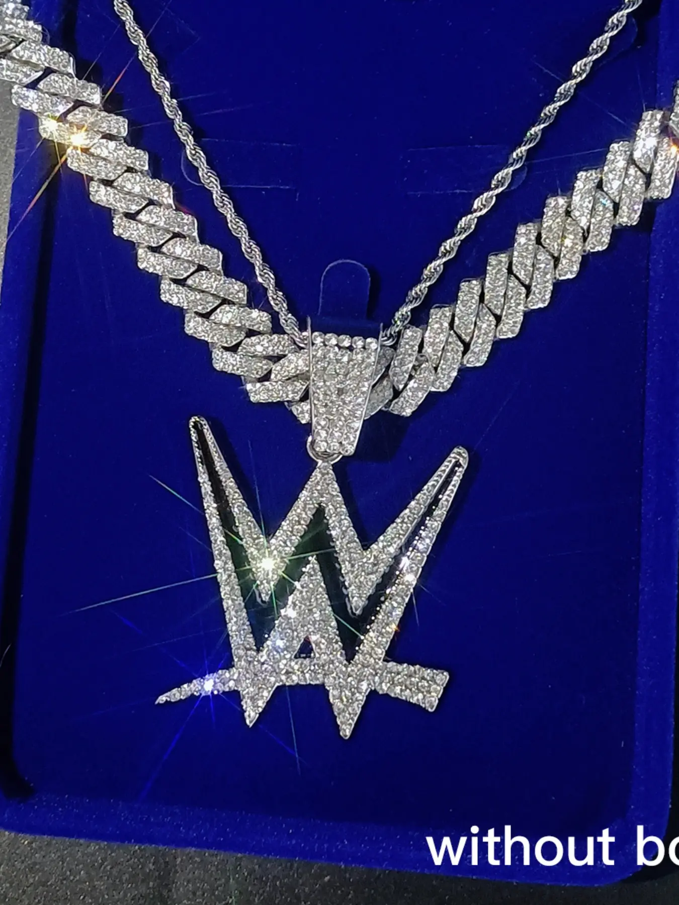 2pcs Iced Out WWE Logo Pendant Cuban Link Chain & Tennis Chain Statement Necklace for Hip Hop x Wrestling Culture Jewelry Gifts for Wrestling Fans