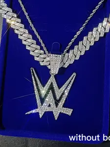2pcs Iced Out WWE Logo Pendant Cuban Chain & Tennis Chain Statement Necklace for Hip Hop Jewelry Gifts for Wrestling Fans