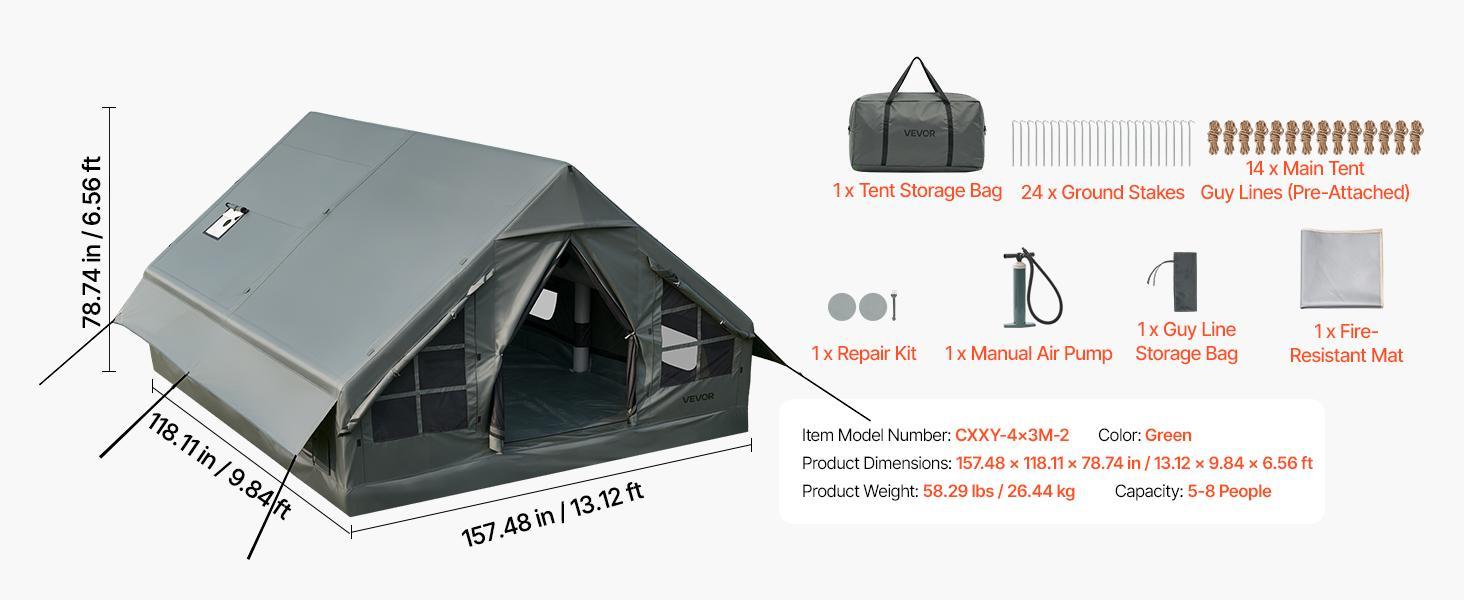 【BackToSchool】VEVOR Inflatable Tent for Camping 5-8 Person Blow Up Tent with Hand Pump, for Family Outdoor Glamping, Waterproof 420D Oxford, Easy Setup Air House with Skylight, Stove Jack, Mesh Windows & Carry Bag