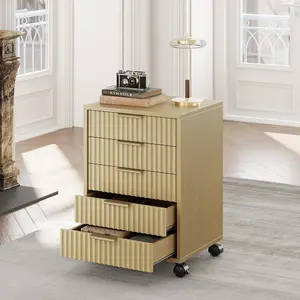 5-Drawer Chest, Mobile Under-Desk Storage Cabinet with Wood Drawers, Fluted File Cabinet for Home Office, Light Walnut