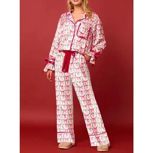 CuteChristmasPajamasWomenBowTieLongSleeveShirtPantsPjSetXmasGraphicPrint2PieceSatinSleepwearComfortLoungewear