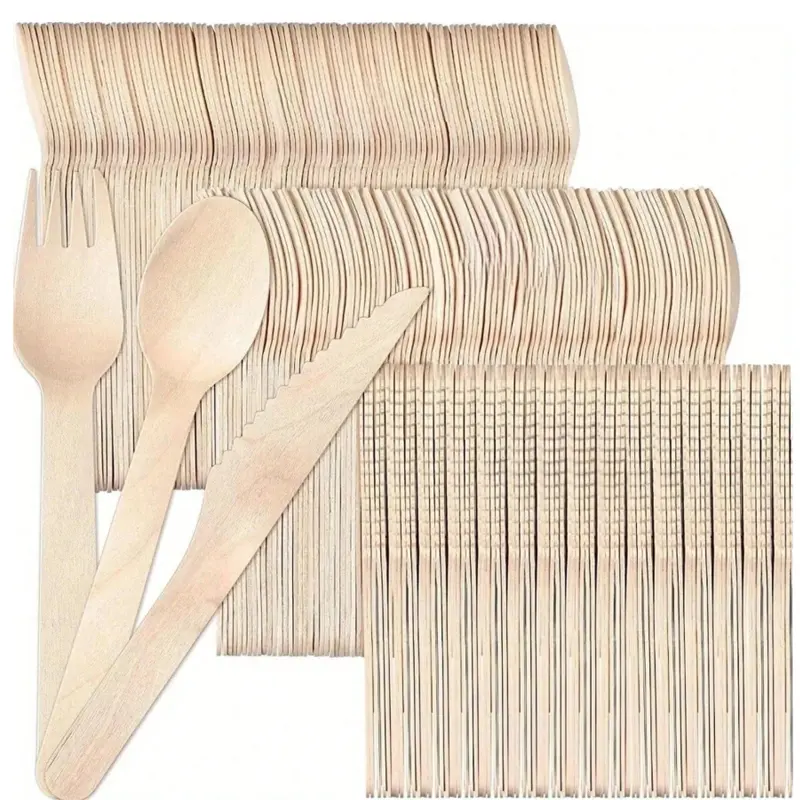 300Pcs Disposable Biodegradable Wooden Silverware Set , 100 Knives 100 Forks 100 Spoons Compostable Natural Wood Utensils, Heavy Duty Eco Friendly Cutlery for BBQ, Birthday Party, Restaurant Use