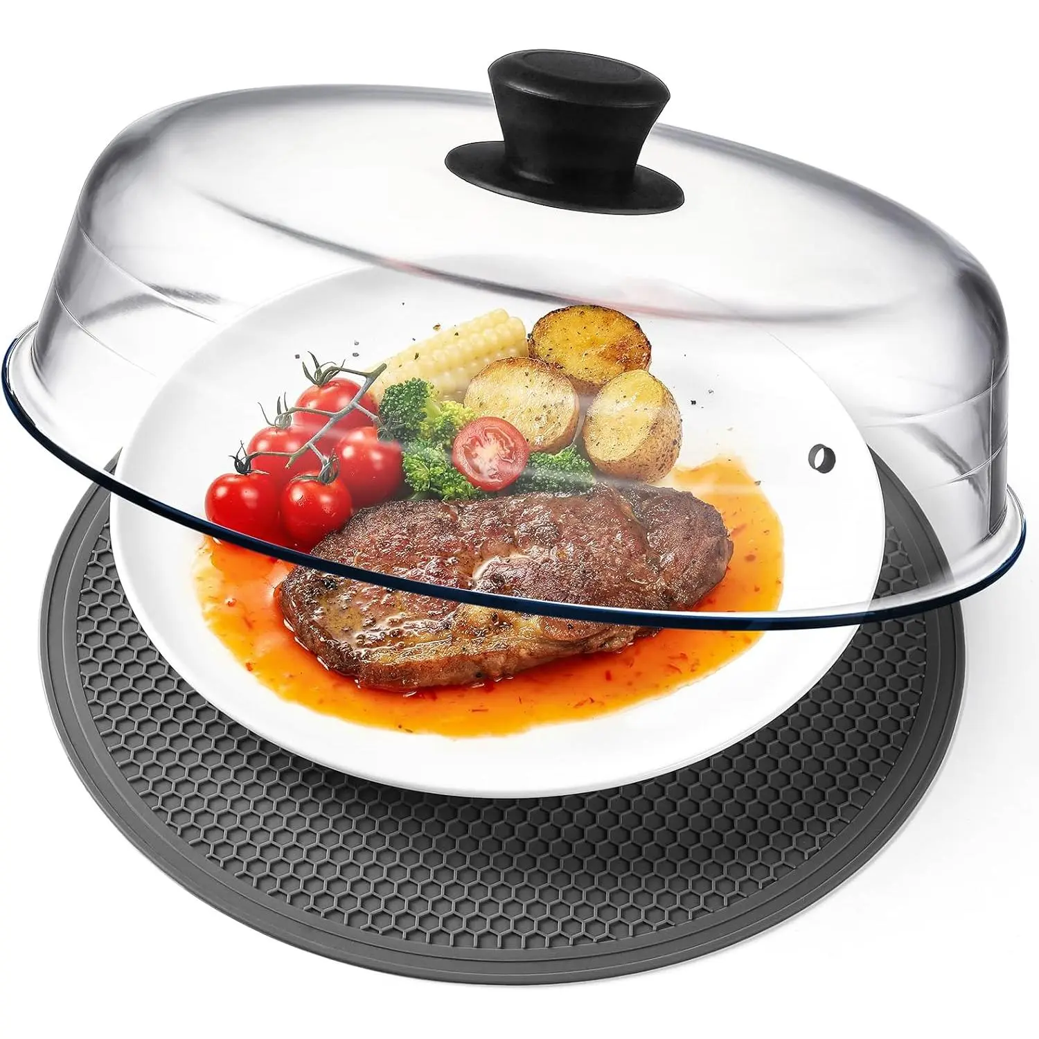 2-in-1 Glass Microwave Splash Guard Suitable for Food and Microwave Placemats, Plate Splash Guard with Easy-Grip Silicone Handle Knob, Borosilicate Glass with Ventilation Holes, Food Grade, Plastic-Free, 10inch