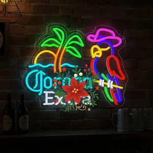 Parrot Palm Tree LED Neon Sign for Bar, Tiki Bar, Patio, Man Cave, Colorful Tropical Beach Style Wall Decor, Beer Light for Party, Game Room & Pub, Gift for Beer Lovers