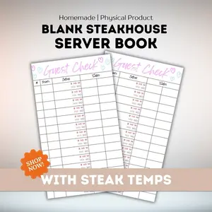 Steakhouse Guest Check server pad with steak temperatures, premium server book for steakhouses and restaurants