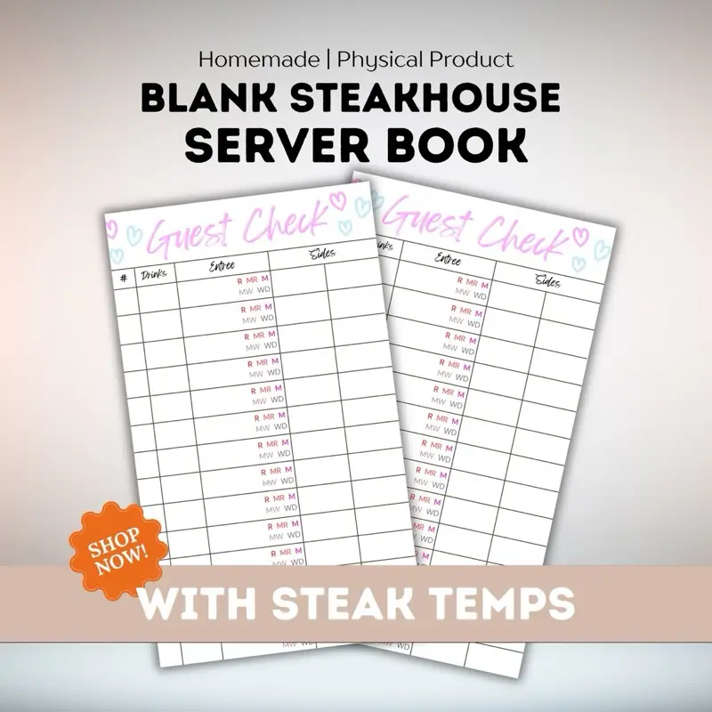 Steakhouse Guest Check server pad with steak temperatures, premium server book for steakhouses and restaurants