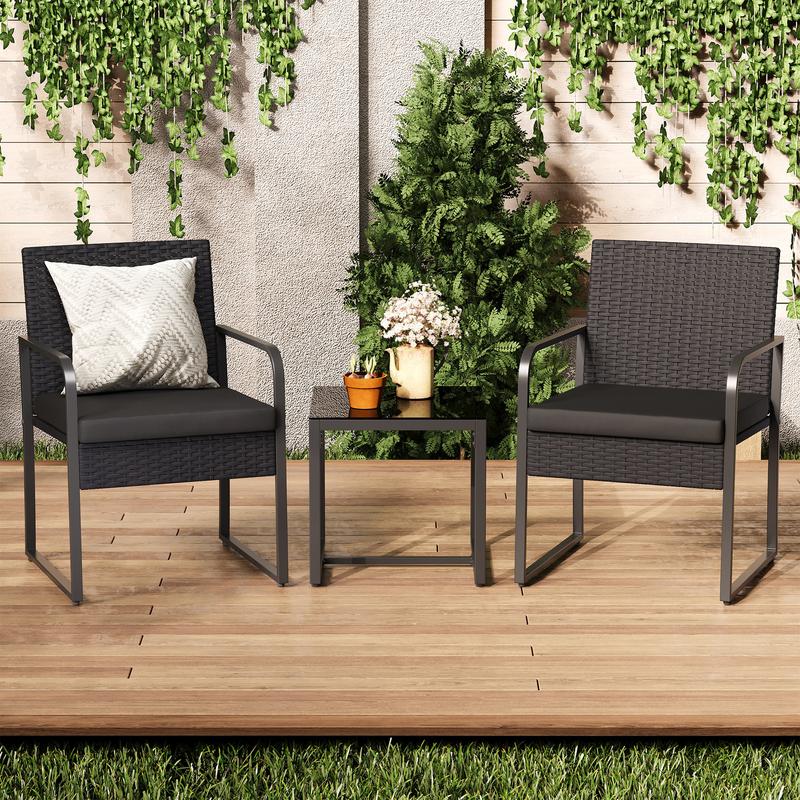Gizoon 3 Pieces Patio Bistro Sets Outdoor Rattan Conversation with Glass Table Wicker Furniture Set with Cushion for Backyard Porch Poolside Lawn