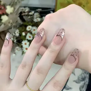 Cute and Pure Bow and Polka Dot Lace Butterfly Long Almond Glossy Finish Reusable nail art press on false nails