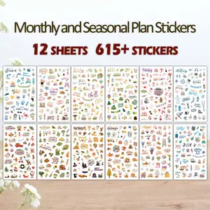 12 Sheets/615+ Stickers Monthly Planner Stickers, Colorful Holiday Seasonal Stickers for Calendar Diary Gifts, Annual Celebration Stickers, Stickers Kit