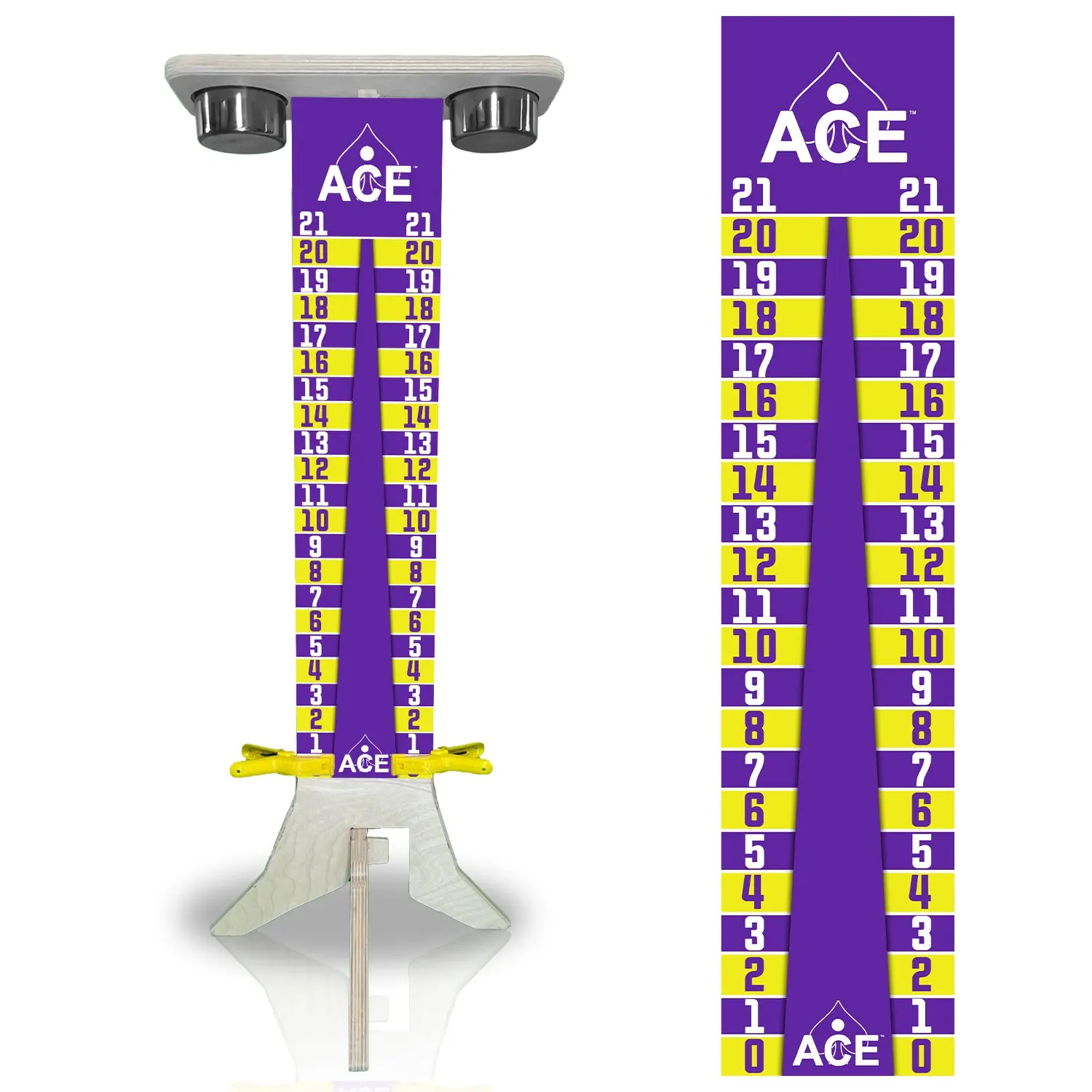 Triangle Shape Cornhole Scoreboard, 3 ft. Baltic Birch Plywood Scoring Stand with 2 Stainless Steel Cup Holders, Purple/Yellow, Quality Construction for Tailgaters’ Backyard Games & Casual Tournaments, Compact, Easy Setup, Drink Holders