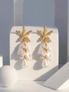 Vintage Gold Starfish Design Earrings, Baroque Pearl Tassel Drop Earrings for Women, Summer Beach Vacation Jewelry, Elegant Dangle Statement Earrings