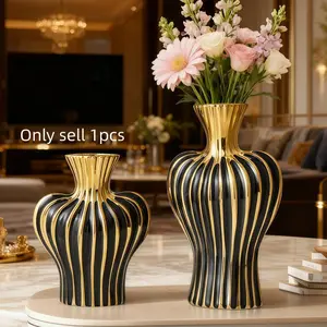 Ceramic Vase with Gold Stripes & Design, High-End Luxury European-Aesthetic, Ideal for Floral Arrangements & Home Décor, Modern Ceramic Vase, Decorative Vase