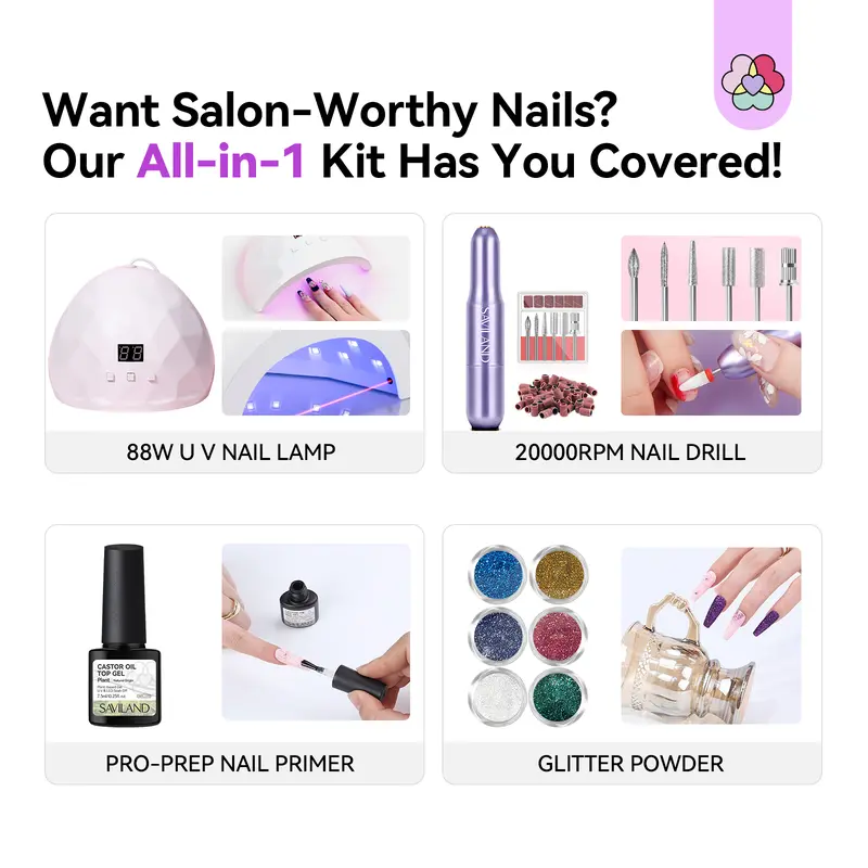 SAVILAND Essentials Acrylic Nail Kit – All-in-1 Set with Lamp EMA Monomer Gel Polish Nail Drill Cuticle Remover for Home DIY Starters SAVILAND Essentials Acrylic Nail Kit – All-in-1 Set with Lamp EMA Monomer Gel Polish Nail Drill Cuticle Remover for Home DIY Starters