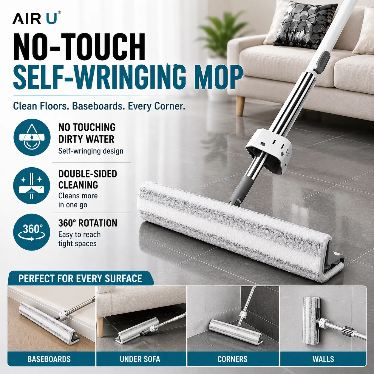 AIR U Triangle Mop That Cleans Impossible Corners, 360° Rotating Self-Wringing Mop with Long Handle for Bathroom, Shower, Tile & Hard-to-Reach Areas