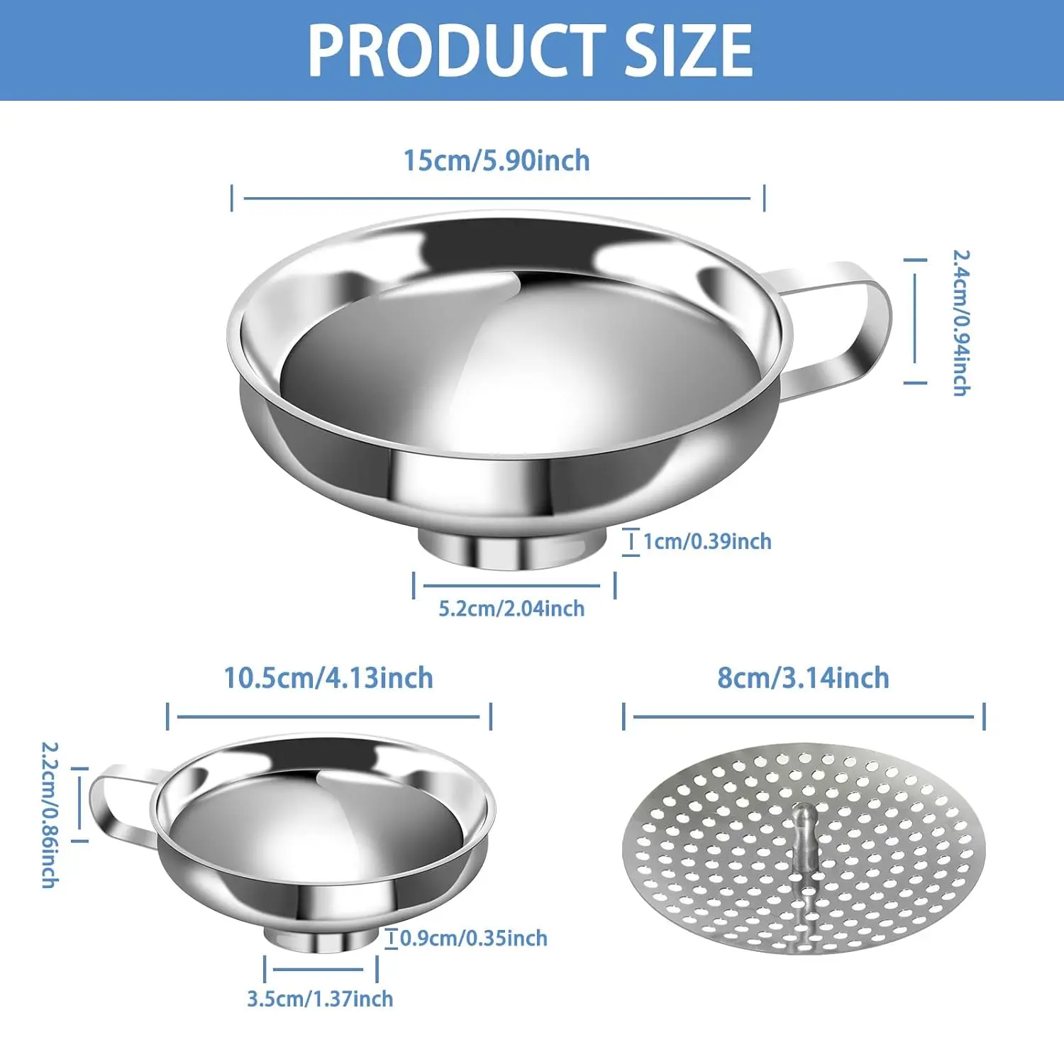 3Pcs Sturdy Reusable Rustproof Stainless Steel Kitchen Funnel & Strainer Utensils Set - Wide Mouth Funnel with Handle, Perforated Filter, Hanging Design, Dishwasher Safe, Ideal for Canning, Bottling