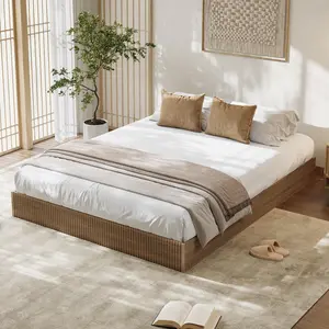 Full Size Walnut Bed Frame, Wood Platform Bed with Fluted Design, Low Profile BedFrame, Minimalist Bed Base with Noise-Free, Easy Assembly, No Box Spring Needed