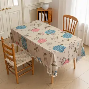 1pc Tablecloth, Fresh Hydrangea Printed Luxury Tassel Tablecloth, Rectangular Dining Table Cover, Pastel Floral Pattern Table Mat, Suitable for Restaurant / Party / Outdoor Decoration, 2D Flat Printing