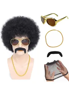 70s Disco Afro Wig Costume Set for Men - 5pcs with Glasses, Necklace & Mustache | Natural Black Fluffy Short Curly Synthetic Hair| Funny Wig for Hippie Rocker Halloween Christmas Party Cosplay