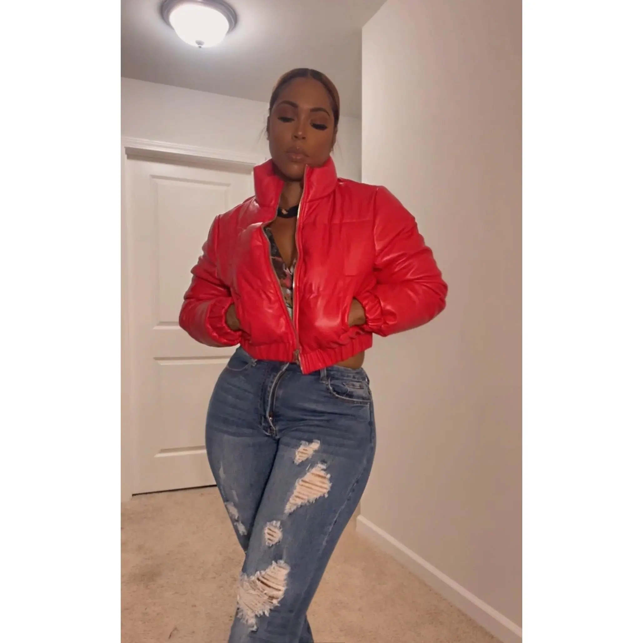 Red Faux Leather Puffer Jacket