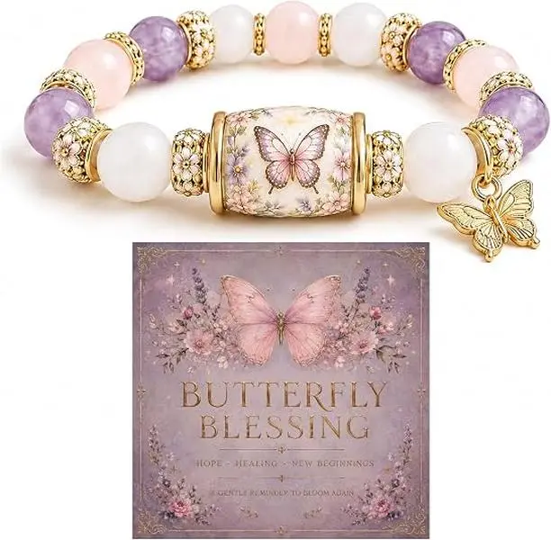 Limited Edition Cardinal Butterfly Hummingbird Bracelet for Women, Inspirational Natural Stone Beaded Stretch Adjustable Sympathy Memorial Healing Gift with Box Jewelry for Mom Daughter Friend