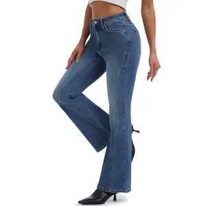 YUCOLEN Flare Jeans for Women Stretchy Slim Fit Bootcut Pants with Button Fly and Decorative Seams for Casual Outfits