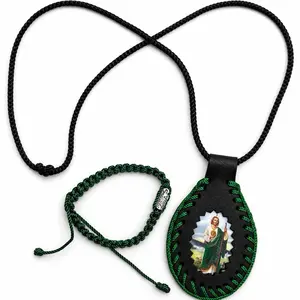 (Set of 2) San Judas Unisex Leather Scapular Necklace (14 Inches) with Saint Jude Image Prayer, Unique Design, Comfortable Fit for Men and Women