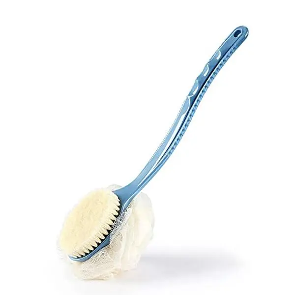 Shower Body Brush Bristles & Mesh Loofah Sponge,Curved Handle Back Scrubber | Long Handle Bath Brush with Mesh Sponge for Skin Exfoliating,Massage Bristles Suitable for Wet or Dry,Men & Women(Blue)