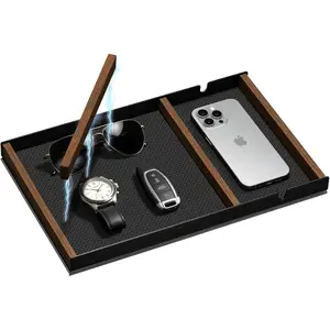 Desk Drawer Organizer Tray With Removable Magnetic Wooden Strip,Freely Adjustable Space,Made of Aluminum and Walnut,Valet Tray for Mens,Desk Accessories for Office/Home/Nightstand