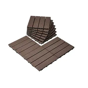 summervibes Interlocking Plastic Wood Deck Tiles, 10-Pack 12x12 in 10 sq. ft All-Weather Outdoor Waterproof Tiles for Patio, Poolside, Dark Brown