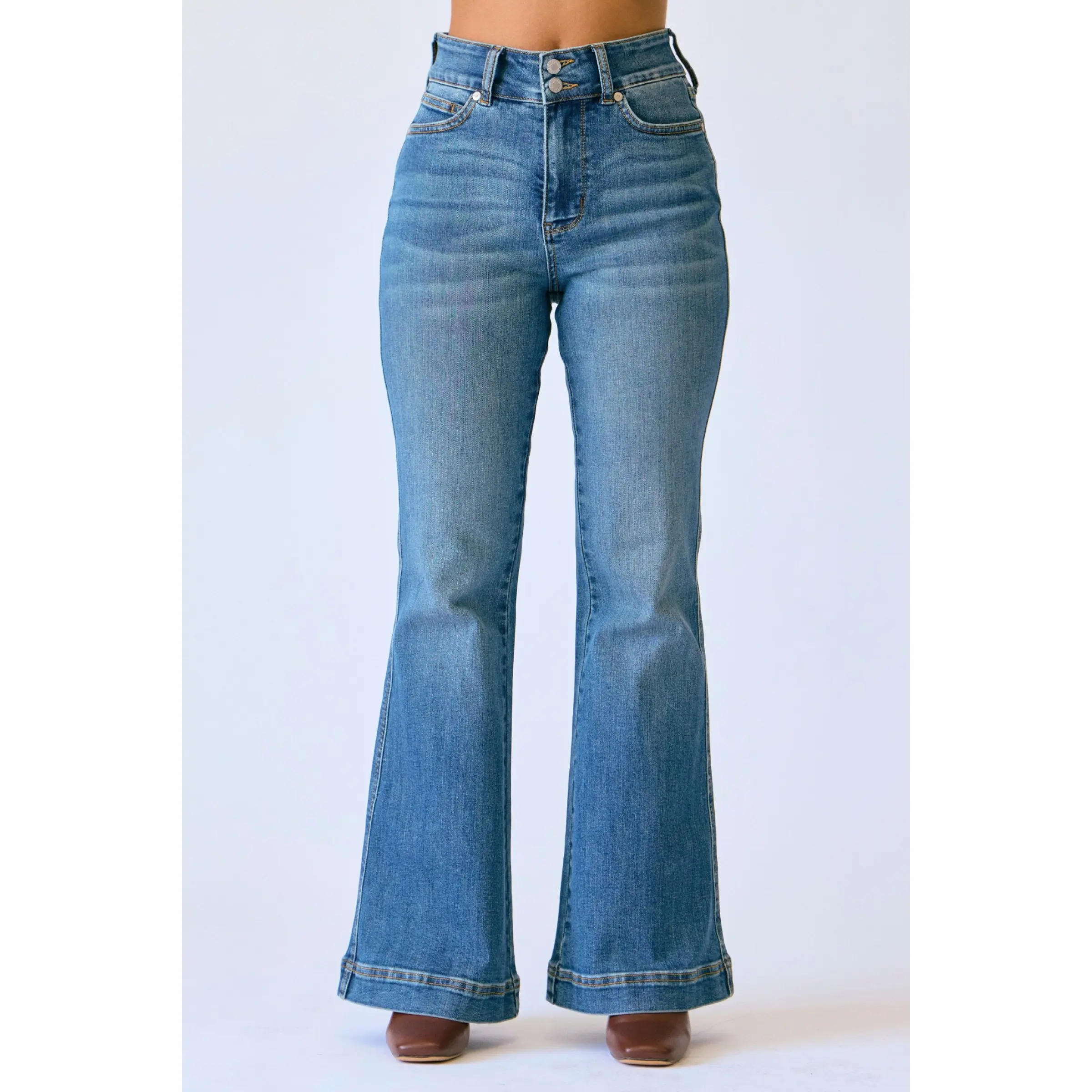 Petite Judy Blue Tummy Control High Waist Flare Double Button Waistband Jeans 881018, Stretchy Cotton Denim Washed Plain, Chic Womenswear Bell Bottom, Women's