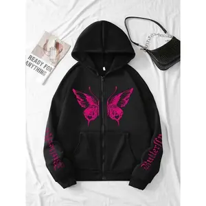 Women's Butterfly Print Fleece-Lined Hooded Jacket - Black with Pink Graphic, Zipper Front & Drawstring Hood, Long Sleeve Casual Coat with Side Pockets, Machine Washable Autumn Winter Warmth, Cozy Lounge Attire, Durable Fabric, Outdoor Comf