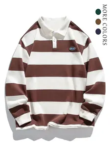 Men's Casual Striped Polo Shirt, Button Collar Design, Fashion Patched Logo, Loose Fit Style, Perfect Daily Wear & Streetwear ChoiceGift