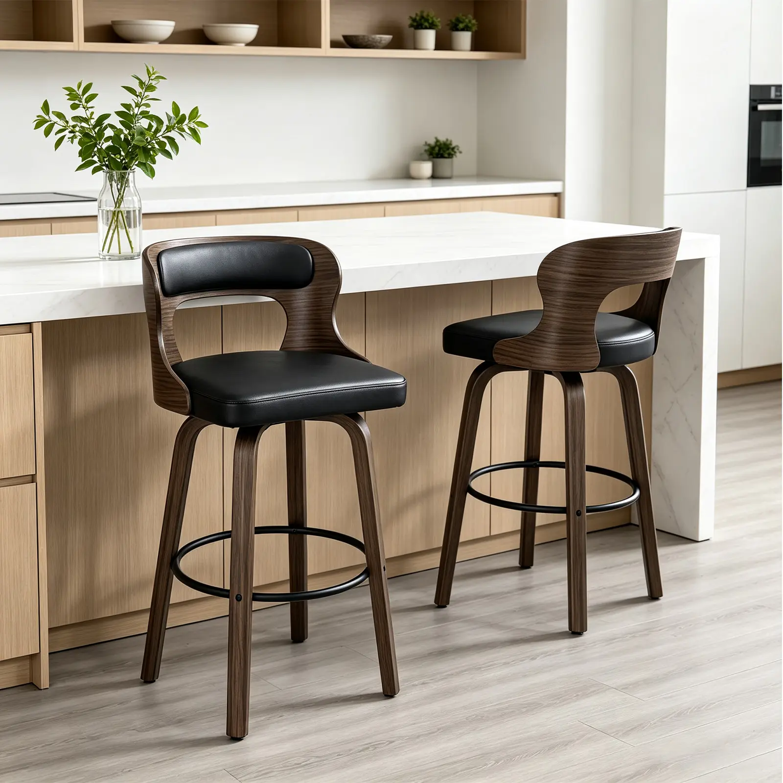 Mid-Century Curved Wood Counter Height Bar Stools, Hollow Cutout Backrest, Soft Thick PU Padded Seat & Back, 300 LBS Heavy-Duty Footrest Chairs for Kitchen Island, Breakfast Nook, Home Bar, Set of 2/4