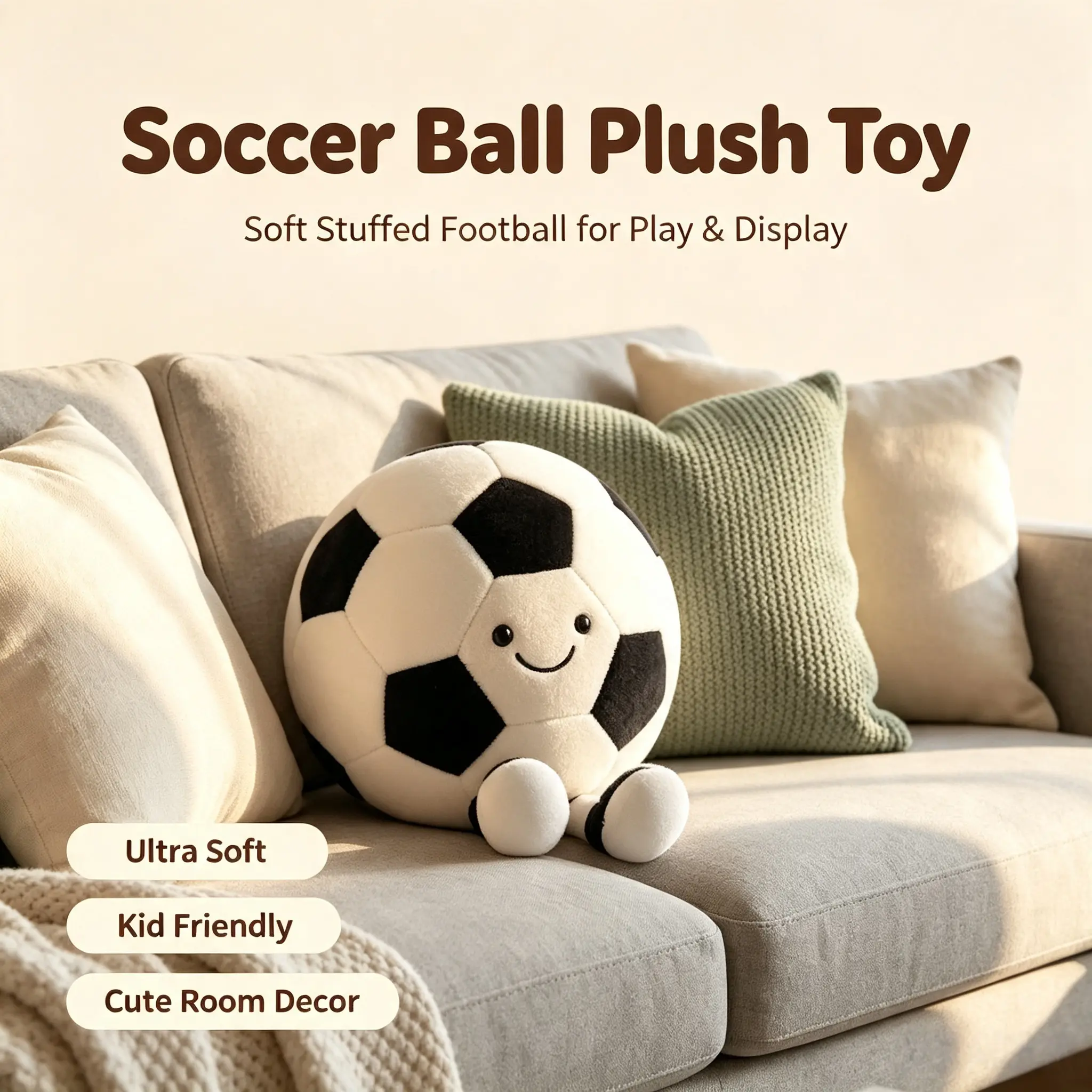 Soccer Plush, Soft Stuffed Soccer Ball Plush with Adorable Legs, Cute Sports Spherical Doll, Decorative Throw Pillow, Holiday Birthday Gift for Boys and Girls