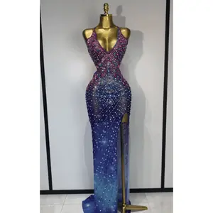 Women's Elegant Formal Evening Statement Dress - Sparkly Colorful Rhinestone, Deep V-Neck, Backless, High-Split Maxi