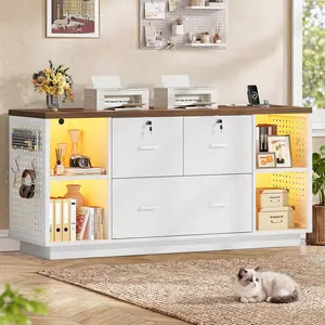 SEDETA 55 Inch File Cabinet with Lock Large 3 Drawers Filing Cabinets for Home Office Lockable Printer Stand with Storage Power Strip LED Light Pegboard