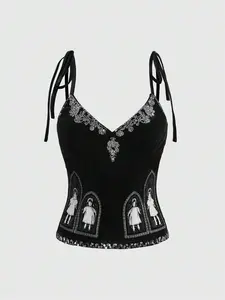 ZESTY NOX Gothic Style SummergraphicGothic Dark Doll Print Sequin Collar Bodycon Tank Top